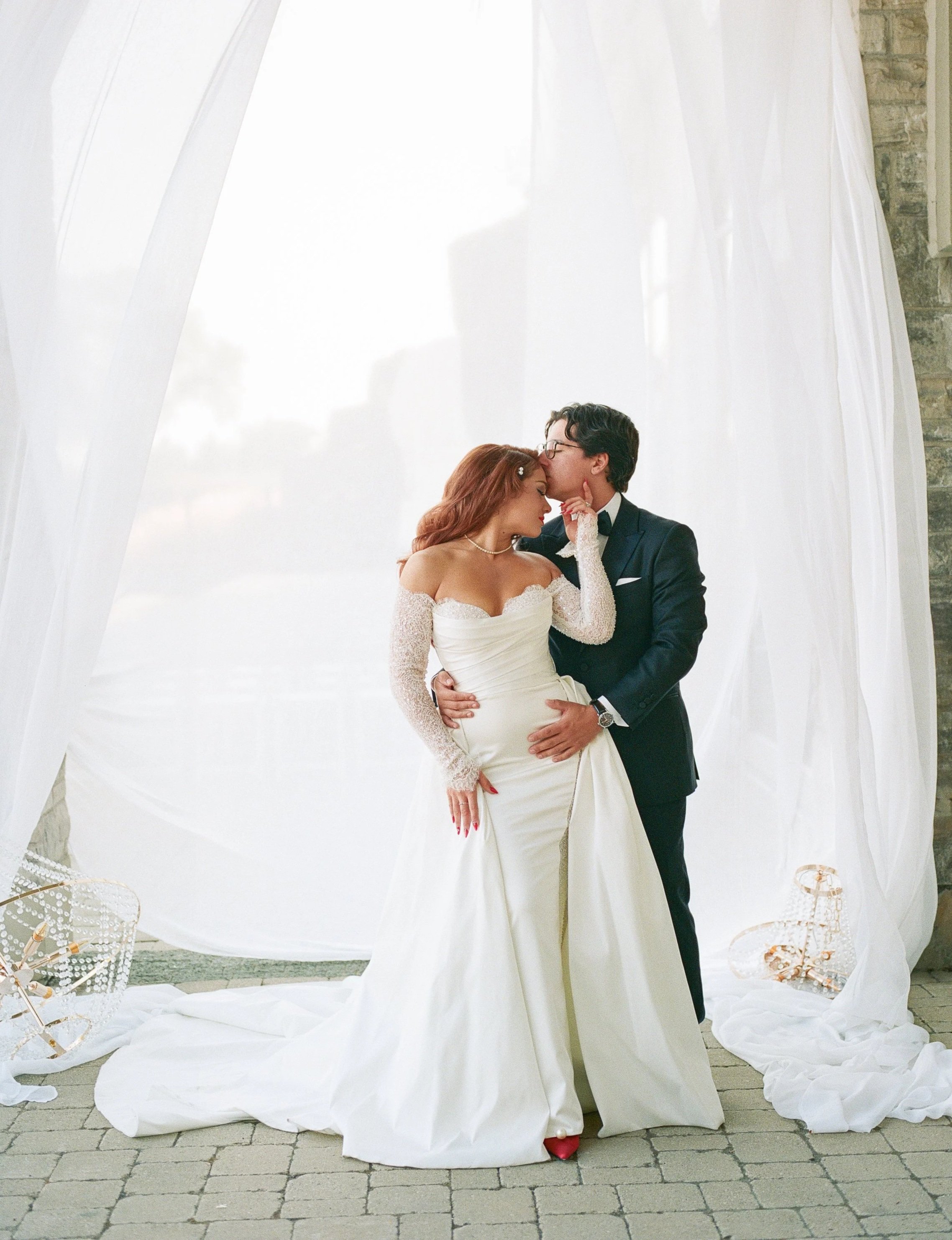 Couple portrait in front of wedding ceremony design