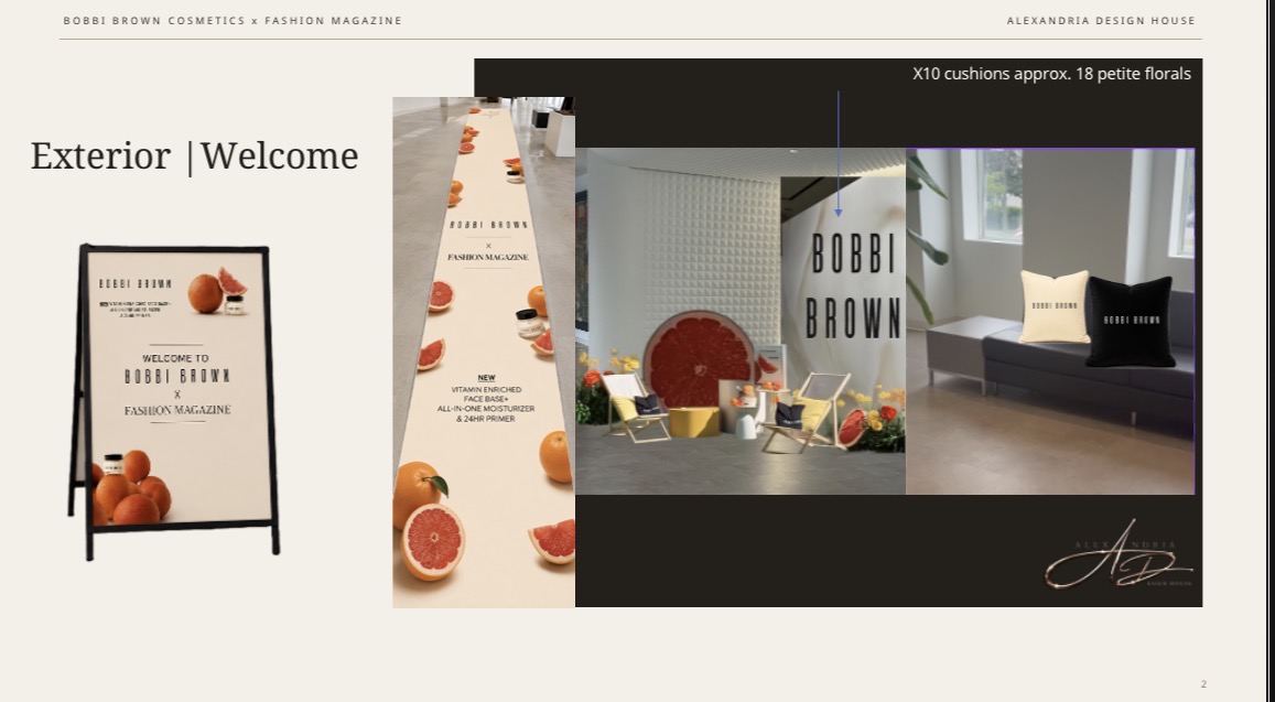 Complete Bobbi Brown and FASHION arrival concept board showing the A-frame, branded floor path, seating and welcome installation
