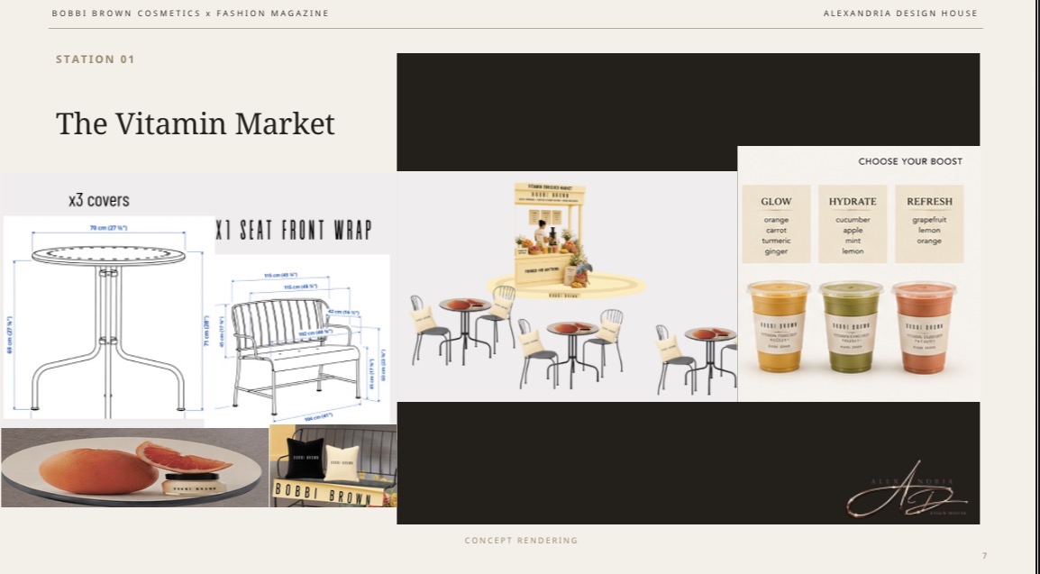 Complete Bobbi Brown Vitamin Market concept board showing branded chairs, tables, market display and product references